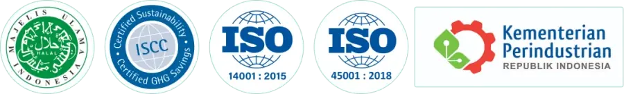 Logo sertifikasi: Halal MUI, ISCC, ISO 14001:2015, ISO 45001:2018, dan Kementerian Perindustrian Republik Indonesia